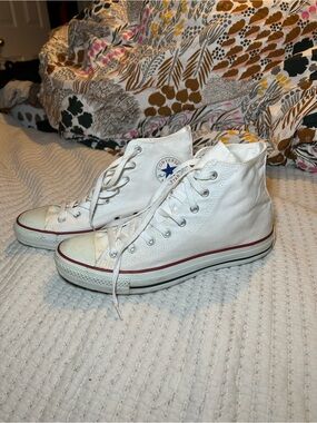 Converse High Top Canvas Sneakers in White with Red Stripe